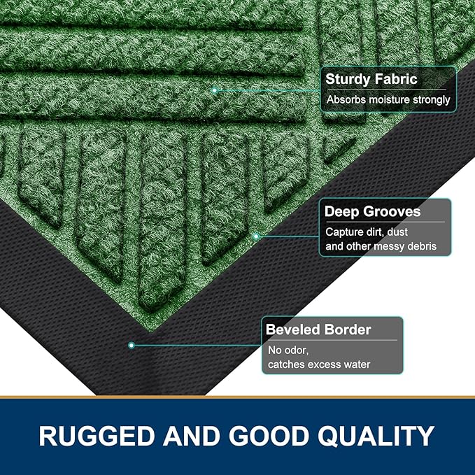 Smiry Front Door Mat Outside Entrance, Heavy Duty Outdoor Indoor Natural Rubber Doormat, Non Slip, Trap Dirt and Moisture, Easy Clean, Low Profile Patio Porch Entryway Mat, 71x23, Green