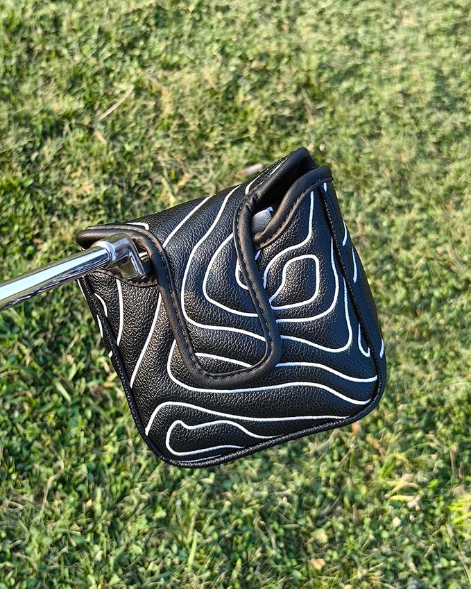 Big Teeth Golf Club Covers Full Set Driver Headcover Fairway Wood Hybrid Golf Club Iron Head Covers, Topographic Edition Putter Cover Leather Golf Head Covers Pure Black, Gifts for Men