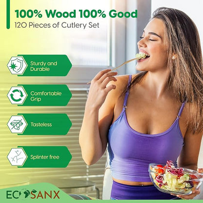 ECOSANX® 120 PCs Disposable Wooden Cutlery set 6.5" Splinter Free Compostable - Image 3