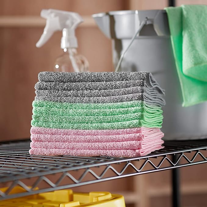 Amazon Basics Microfiber Cleaning Cloths, Non-Abrasive, Reusable and Washable, Pack of 36, Green/Gray/Pink, 16" x 12"
