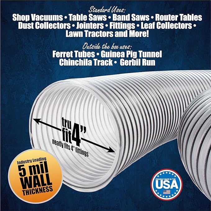 PVC Dust Collection Hose w/4 Thumbscrew Clamps, Puncture Resistant, Carbon Steel Wire, Clear Flexible PVC Dust Collector Hose, Proudly Made in USA (4" x 10')