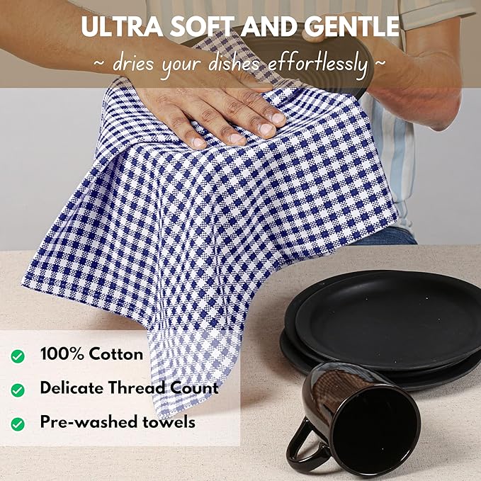 Native Fab Gingham Dish Towels 16x26 inches Set of 4 - Absorbent Washable Dishcloths, Dish Towels for Quick Drying Dishes, Kitchen Hand Towels with Hanging Loop, Blue White