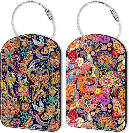 2 PCS Leather Luggage Tags for Suitcase Boho Colorful Paisley Travel Luggage Tag with Privacy Flap Name ID Label and Metal Loop for Travel Bag Suitcase