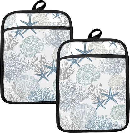Coastal Beach Seashell Coral Starfish Oven Mitts Set, Ocean Beach Gifts by HUGANE