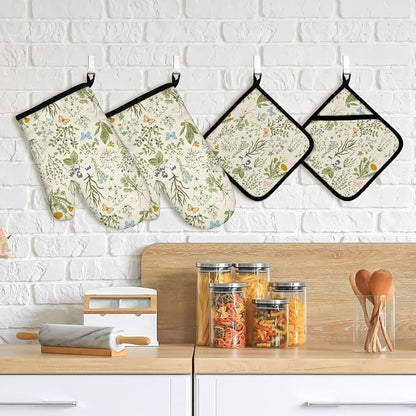 Vintage Wild Floral Oven Mitts and Pot Holders Sets Green Botanical Butterfly - Image 6