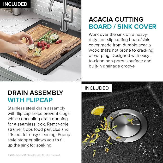 KRAUS Bellucci 18-inch Granite Workstation Drop In Top Mount Single Bowl Kitchen Sink in Metallic Black with Accessories, KGTW12-18MBL