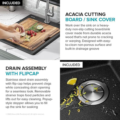 KRAUS Bellucci 18-inch Granite Workstation Drop In Top Mount Single Bowl Kitchen Sink in Metallic Black with Accessories, KGTW12-18MBL