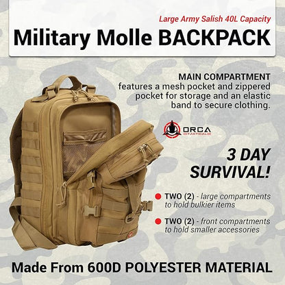 Backpack 40L Large Military 1 to 3 Day Molle Assault Pack Rucksack Army Bag