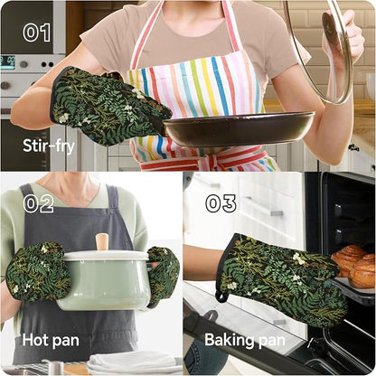 Botanical Print Floral Oven Mitts and Pot Holders Sets Black Sage Green Leaves - Image 5