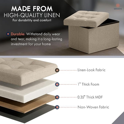 Ornavo Home Small Storage Ottoman Foldable Collapsible Rectangle Linen Ottoman - Image 4