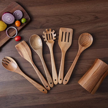 7 Piece Natural Acacia Wooden Kitchen Utensil Set - Image 2