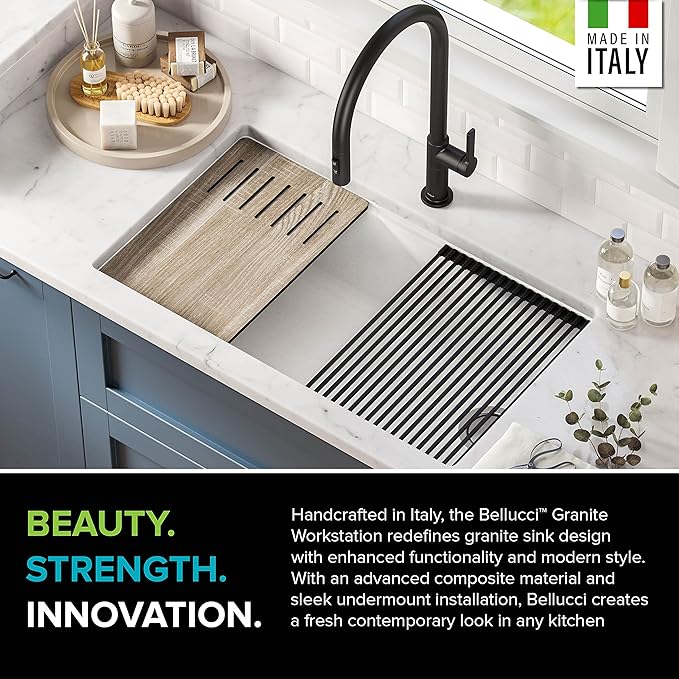 KRAUS Kitchen Sink Bellucci 32” Undermount Workstation Granite, Metallic White, Accessories, KGUW1-33WH
