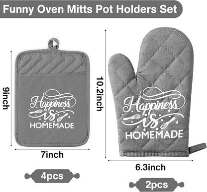 GROBRO7 6Pcs Cotton Oven Mitts and Pot Holders Set Happiness is Homemade Heat - Image 2