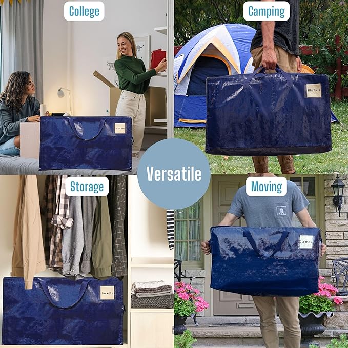VENO 10 Pack Moving and Storage Bags, Heavy Duty, Alternative to Moving Boxes, Large Packing Totes Supplies for College Dorm Room with Zipper for Clothes, Wide Open Design (Blue, 10 Pack)