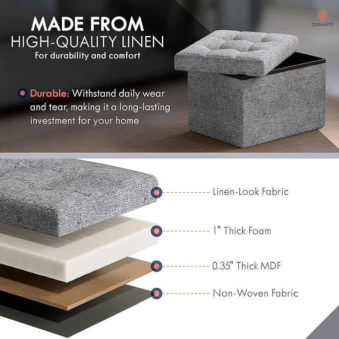 Ornavo Home Small Storage Ottoman, Set of 2, Foldable Collapsible Rectangle Linen Ottoman Foot Rest Stool Seat, for Living Room, Bedroom, Home Office, Dorm - 12 x 16 x 12, Gray