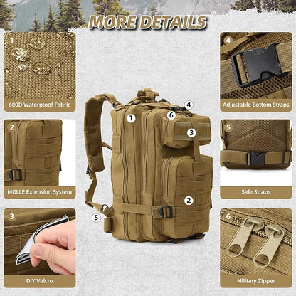 Small Military Tactical Backpack, 30L Tactical Assault Bag for Men, Army Assault Rucksack GYM Hiking Backpack Bug Out Bag Khaki