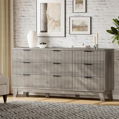 Fluted Dresser with 9 Drawers, Wooden Dresser TV Stand, Wood Closet Clothes - Image 3