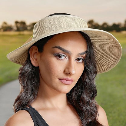 Joywant Womens Sun Visor Hats, Packable Wide Brim Ponytail Beach Hat Straw Visor Summer Beach Vacation Essentials for Womens