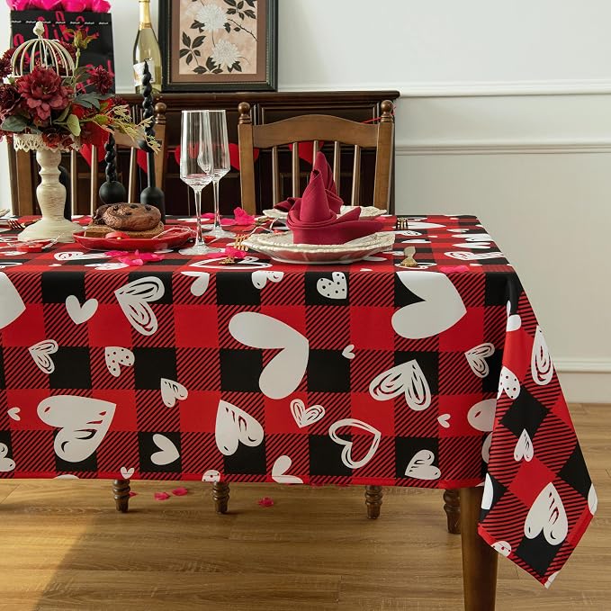 Red Gingham Plaid Love Heart Tablecloth by Essifunia