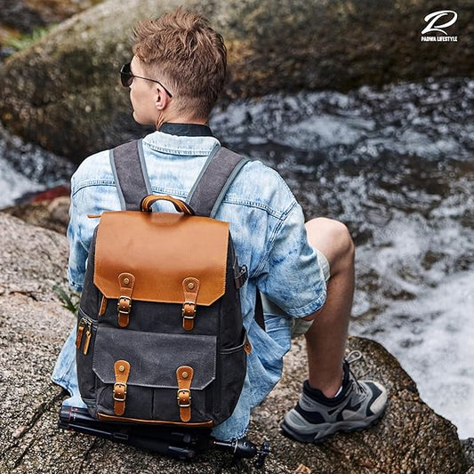 Padwa Lifestyle Black Gray Camera Backpack - Weather Resistant Waxed Memory Canvas Camera Backpacks for Photographers,Multi DSLR SLR Camera Bag with 16” Laptop & Lens Compartment and Tripod Holder