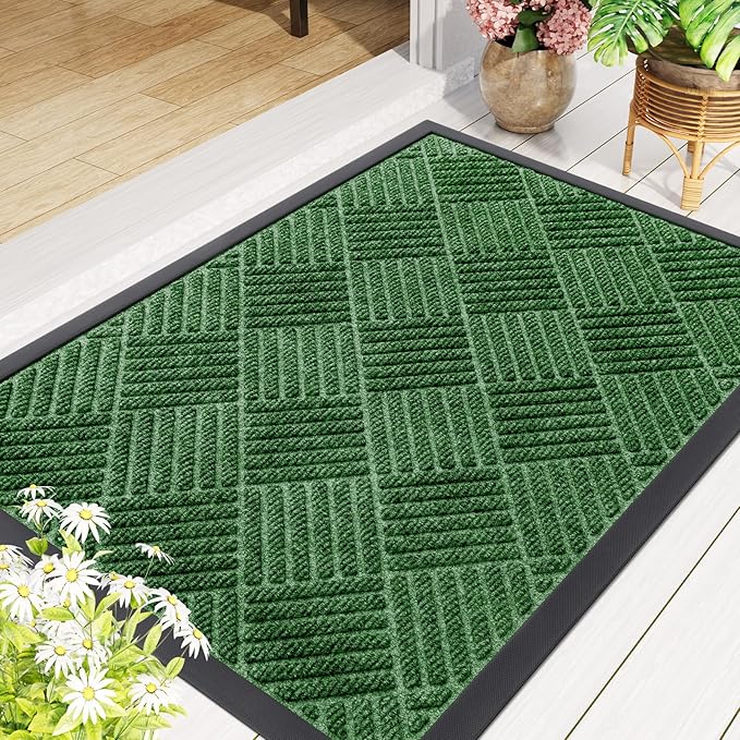 Smiry Front Door Mat Outside Entrance, Heavy Duty Outdoor Indoor Natural Rubber Doormat, Non Slip, Trap Dirt and Moisture, Easy Clean, Low Profile Patio Porch Entryway Mat, 71x23, Green