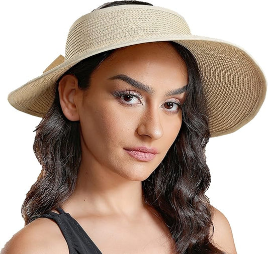 Joywant Womens Sun Visor Hats, Packable Wide Brim Ponytail Beach Hat Straw Visor Summer Beach Vacation Essentials for Womens