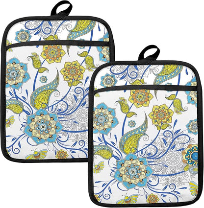 Boho Floral Oven Mitts Set, Vintage Luxury Blue and Gold Flower Floral Heat by HUGANE