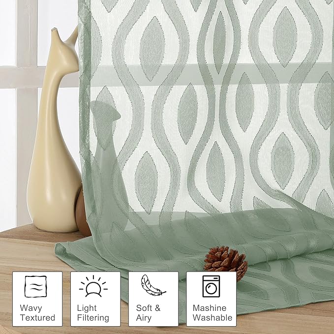 Aiyufeng Sheer Green Curtains 84 Inches Long 2 Panels, Modern Airy Light Filtering Wavy Line Clip Jacquard Window Treatments for Bedroom Living Room, Rod Pocket Curtain Drapes, Total 80 inches Width