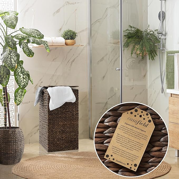 Casafield Laundry Hamper with Lid and Removable Liner Bag - Espresso, Woven Water Hyacinth Square Laundry Basket Sorter for Clothes and Towels