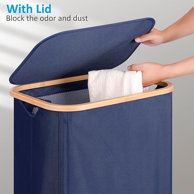 efluky Laundry Basket with Wheels, Tall Rolling Laundry Hamper with Lid and Removable Bag, Aesthetic Dirty Clothes Hamper on Wheels for Laundry Room, Bedroom, Dorm and Bathroom, 100L Blue