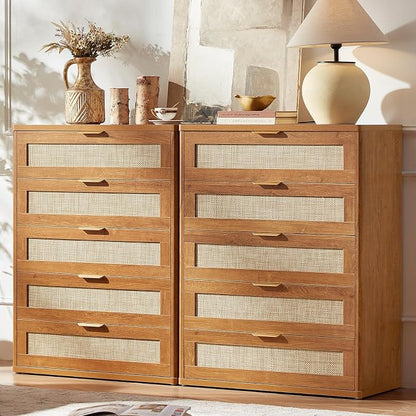 LEYAOYAO Rattan Dresser for Bedroom Set 2, Modern 5 Drawers Boho Dressers by LEYAOYAO-Findtheshiningpointofyourideallife%EF%BC%81