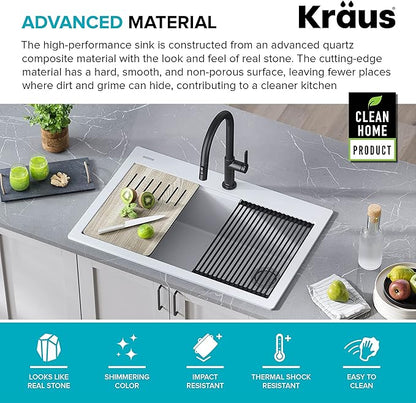 KRAUS Bellucci Workstation 33 in. Drop In Single Bowl Granite Kitchen Sink in White with Accessories, KGTW1-33WH