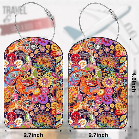 2 PCS Leather Luggage Tags for Suitcase Boho Colorful Paisley Travel Luggage Tag with Privacy Flap Name ID Label and Metal Loop for Travel Bag Suitcase
