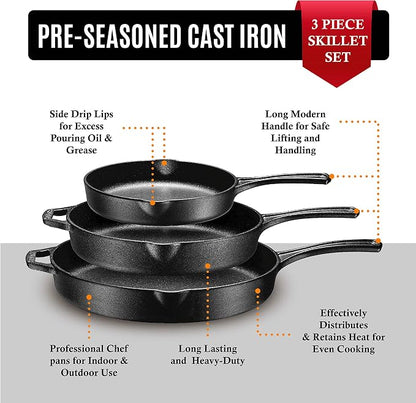 Bruntmor 8, 10 and 12 Inch Pre-Seasoned Frying Pan Set of 3, Oven Safe Skillet - Image 2