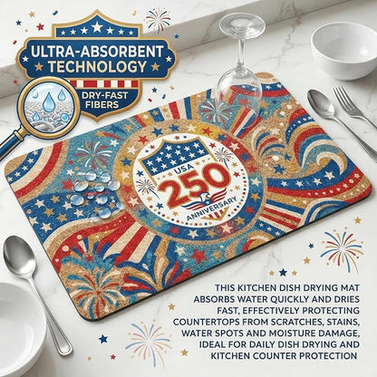 250th Anniversary USA Patriotic Dish Drying Mat 12x20 Absorbent Non-Slip - Image 6