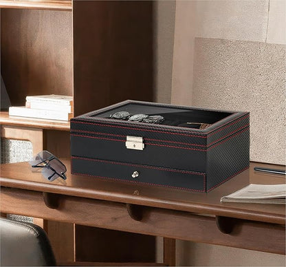 Watch Jewelry Box Organizer, 6-Slot 2-Layer Watch Case and Sunglasses Storage with Large Glass Lid, Men's Jewelry Box with Lock, Watch Holder Display Case, Gift for Men Women