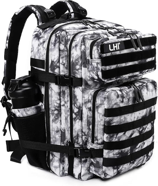 LHI Military Tactical Backpack for Men Molle Daypack 45L Army 3 Days Assault Pack Bag Large Rucksack With Bottle Holder Black and White(12*20*12)