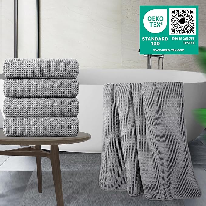 POLYTE Microfiber Oversize Quick Dry Lint Free Bath Towel, 60 x 30 in, 4 Pack (Waffle Weave)