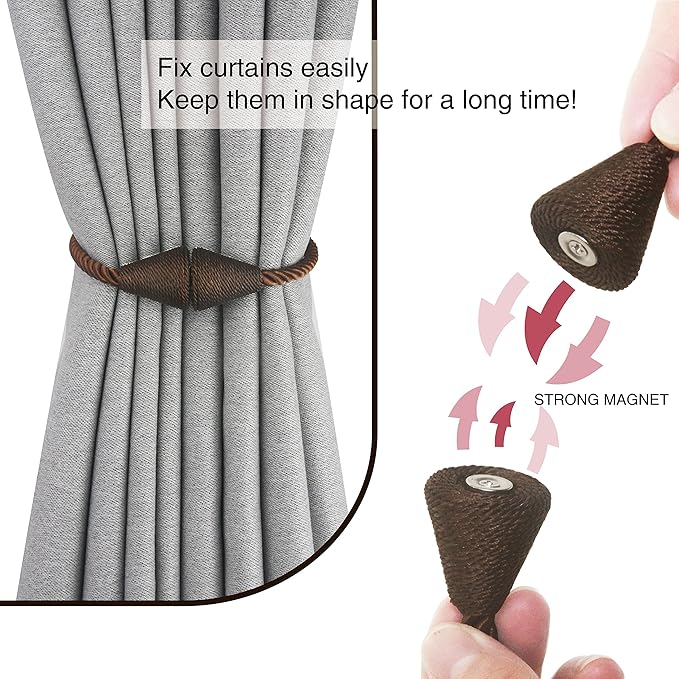 6 Pack Magnetic Curtain Tiebacks Rope Modern Handmade Curtain Tie Backs Decorative Drapes Weave Holdbacks for Window Décor, Coffee
