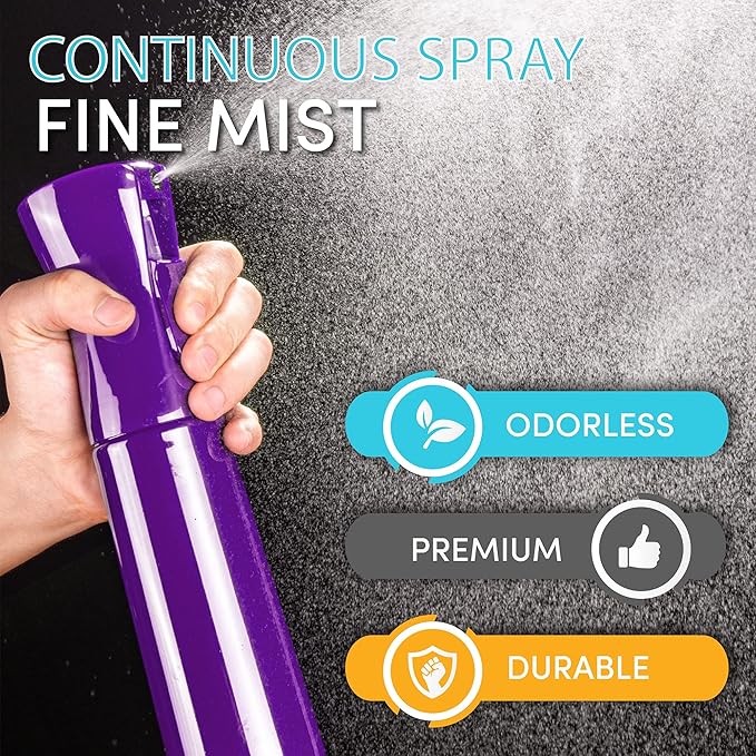 Hula Home Continuous Spray Bottle for Hair (10.1oz/300ml) Empty Ultra Fine Plastic Water Mist Sprayer – For Hairstyling, Cleaning, Salons, Plants, Essential Oil Scents & More - Purple