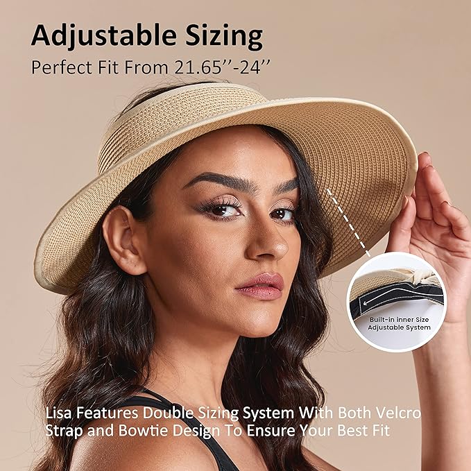 Joywant Womens Sun Visor Hats, Packable Wide Brim Ponytail Beach Hat Straw Visor Summer Beach Vacation Essentials for Womens