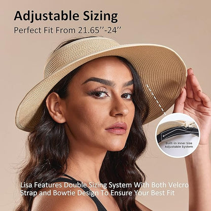Joywant Womens Sun Visor Hats, Packable Wide Brim Ponytail Beach Hat Straw Visor Summer Beach Vacation Essentials for Womens