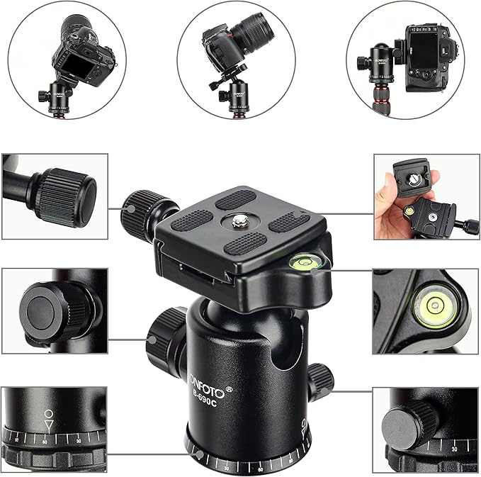 BONFOTO B690C Lightweight Carbon Fiber Portable Tripod Compact Travel Camera Tripod Monopod with 360 Degree Ball Head,1/4" Quick Release Plate and Carry Bag for DSLR Cameras