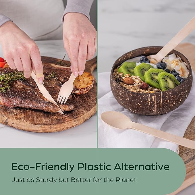 PURPLECLAY Wooden Disposable Utensils Set, 300 Pieces | Wrapped Utensils and - Image 2