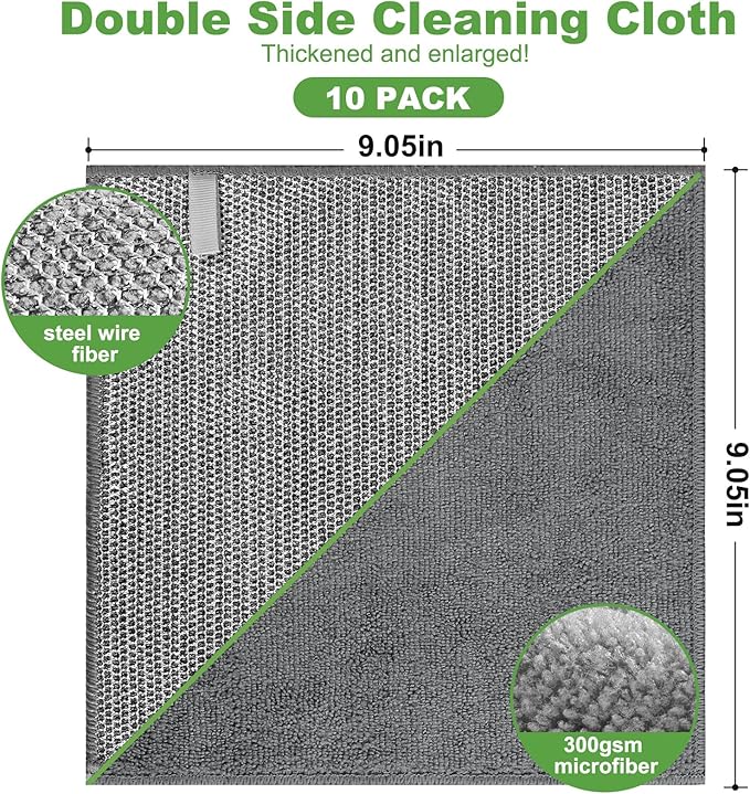 10 Counts Multipurpose Wire Dishwashing Rag,Non Scratch Wire Dishcloth,Microfiber Miracle Cleaning Cloth with Mesh,Dual-Sided Steel Mesh Cloth for Pot,Metal Scrubber for Washing Dishes,Grey