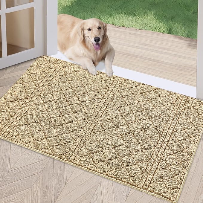 REFETONE Indoor Doormat, Front Back Door Mat 24"x36" Absorbent Rubber Backing Non Slip Door Mats, Low-Profile Resist Dirt Entrance Rugs, Machine Washable Door Rug Inside Floor Mat for Entryway, Beige