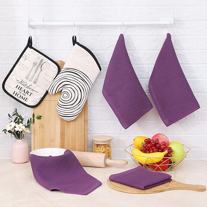 Homaxy 100% Cotton Waffle Weave Kitchen Dish Cloths, Ultra Soft Absorbent Quick Drying Dish Towels, 12 x 12 Inches, 8-Pack, Purple