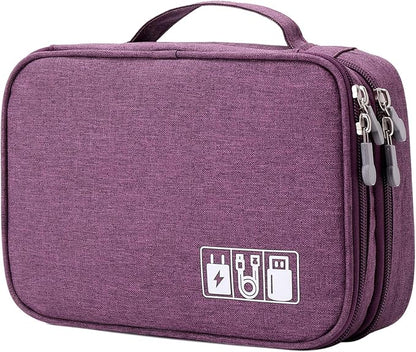 MIRLEWAIY Travel Electronics Organizer Soft Case Small Electronic Accessories Carrying Bag Double-Layer for Cords Phone Chargers Cables Earbuds Adapter Mouse, Purple