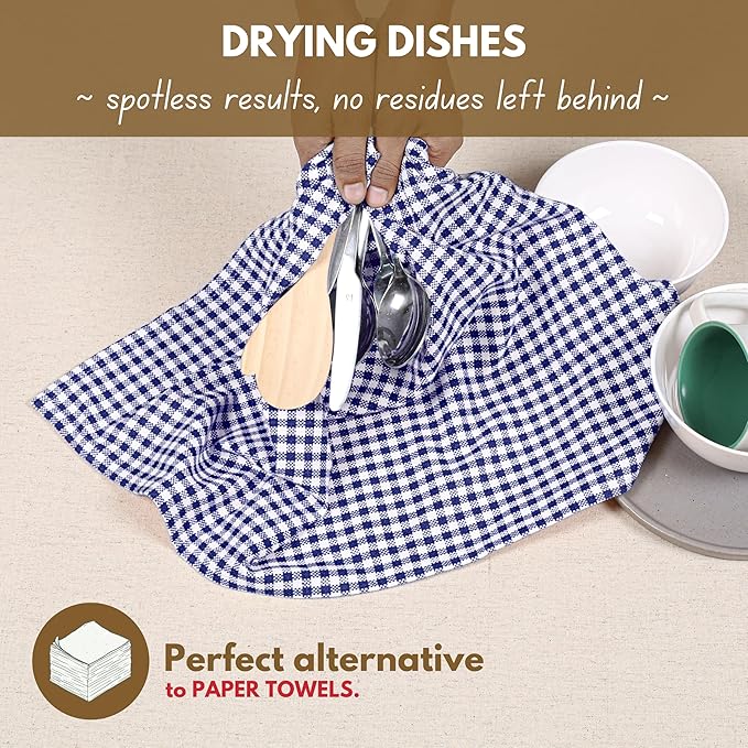 Native Fab 12 Pack Gingham Mini Check Kitchen Dish Towel Cotton Durable Washable 16"x26" - Tea Towels, Soft Absorbent Cleaning Towels, Hand Towel with Hanging Loop - Blue White