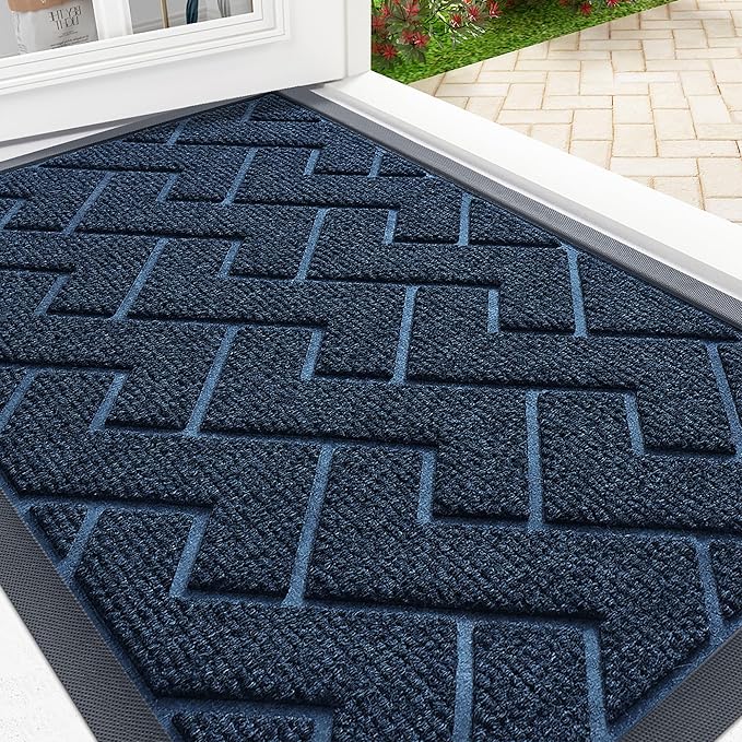 OLANLY Front Door Mat Indoor Outdoor Entrance, Waterproof All-Season, All-Weather Doormat, Sturdy Natural Rubber, Low Profile, Easy Clean Patio Porch Entryway Mat, Herringbone Brick (Blue, 59x35)